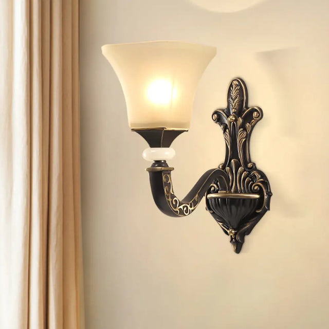 Retro Wall Mounted Light Fixture With Black 1/2-Bulb Milky Glass Flared Shade 1 /