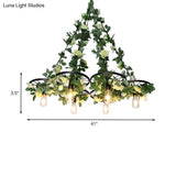 Retro Wheel Iron Chandelier Pendant Light With Plant Decor - Black 3/6 Heads