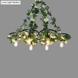Retro Wheel Iron Chandelier Pendant Light With Plant Decor - Black 3/6 Heads
