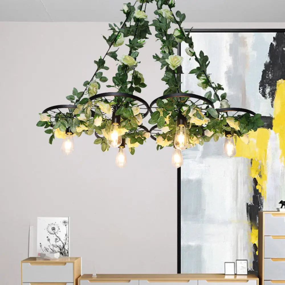 Retro Wheel Iron Chandelier Pendant Light With Plant Decor - Black 3/6 Heads 6 /