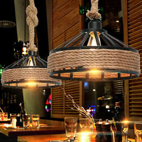 Retro Yurt Suspension Lighting: 1-Head Pendant Ceiling Light In Brown - Vintage Style With Hemp