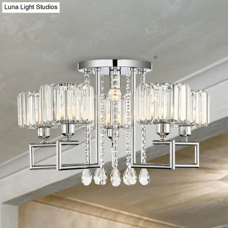 Ribbed Crystal Drum Flush Ceiling Light - Stylish Silver Semi Lamp With Scroll Frame (4/6 - Light)