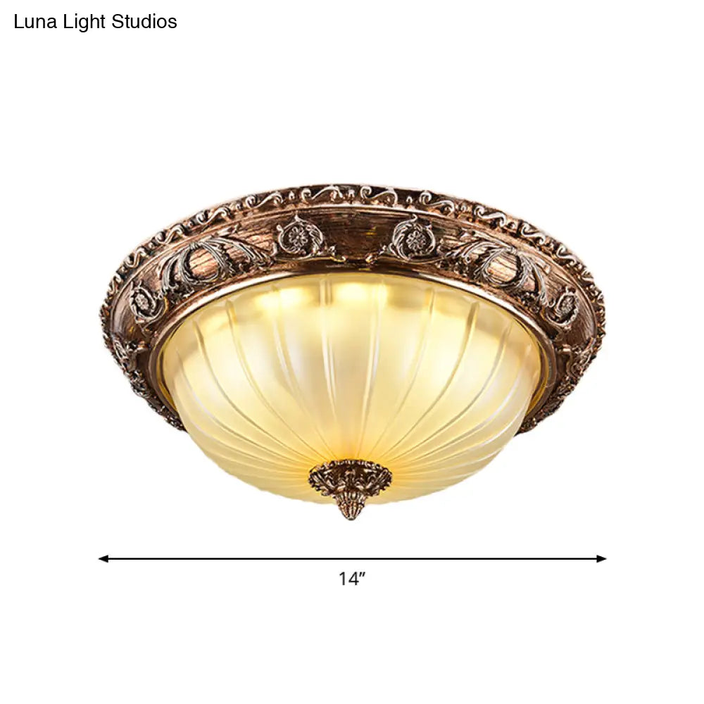 Ribbed Frosted Glass Led Flush Mount Ceiling Light In Traditional Brown - 14’/16’/19.5