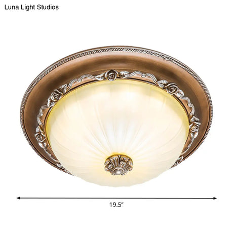 Ribbed Glass Brown Flush Ceiling Light With Domed Shade - Led Farmhouse Flushmount Lamp