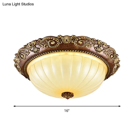 Ribbed Glass Ceiling Flush Foyer Led Mount Light In Brown - Traditional Bowl Design