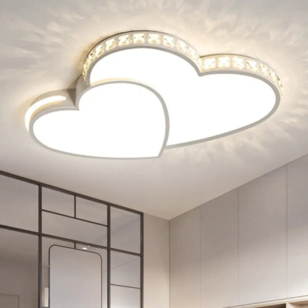 Romantic Acrylic Double Heart Ceiling Light With Sparkling Led Crystals In White - Perfect For
