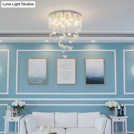 Romantic Butterfly Crystal Flush Ceiling Light For Shop - Round Metal White Fixture