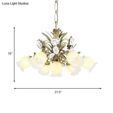 Romantic Cream Glass Green Chandelier With Flower Design - Perfect Lighting Fixture For Living Room