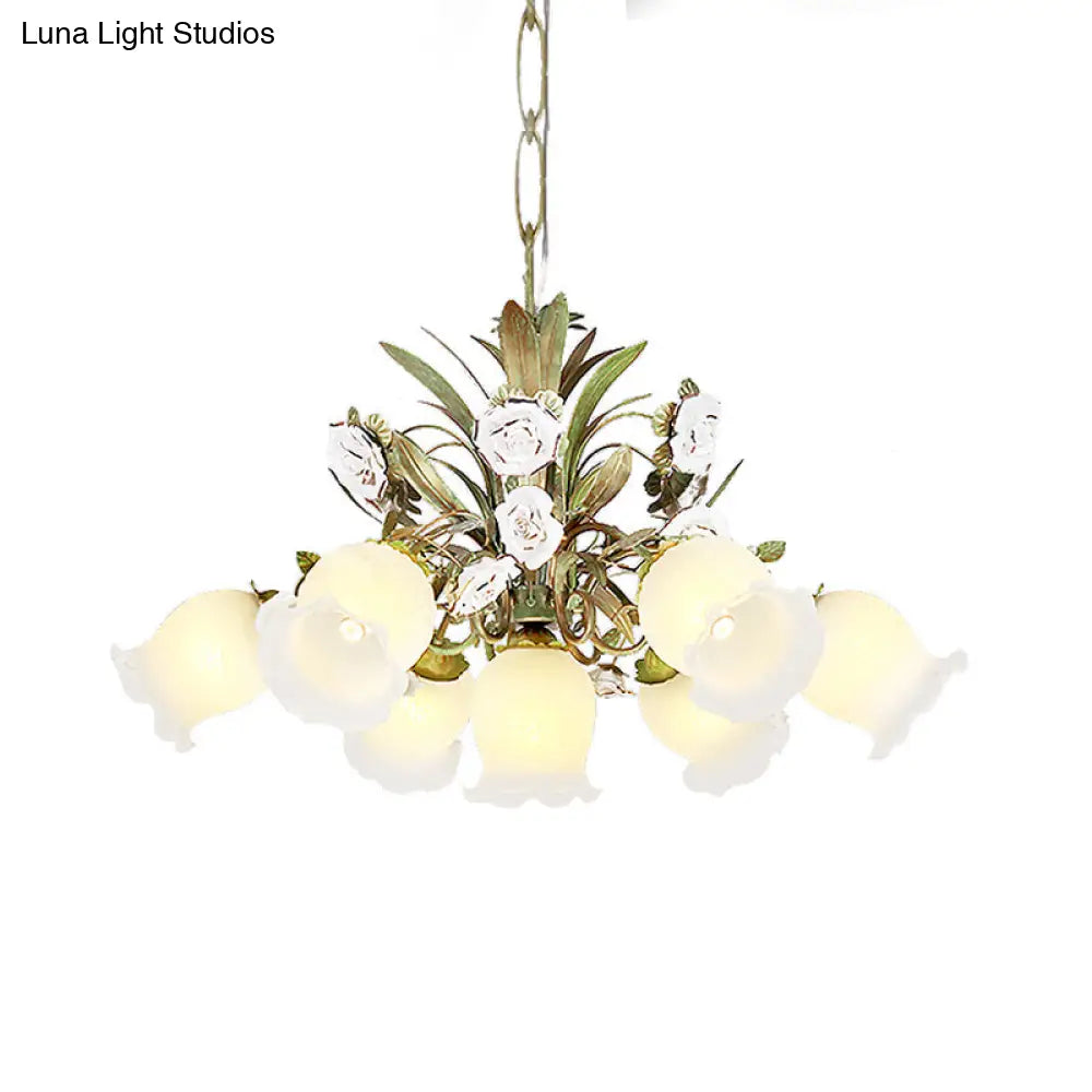 Romantic Cream Glass Green Chandelier With Flower Design - Perfect Lighting Fixture For Living Room
