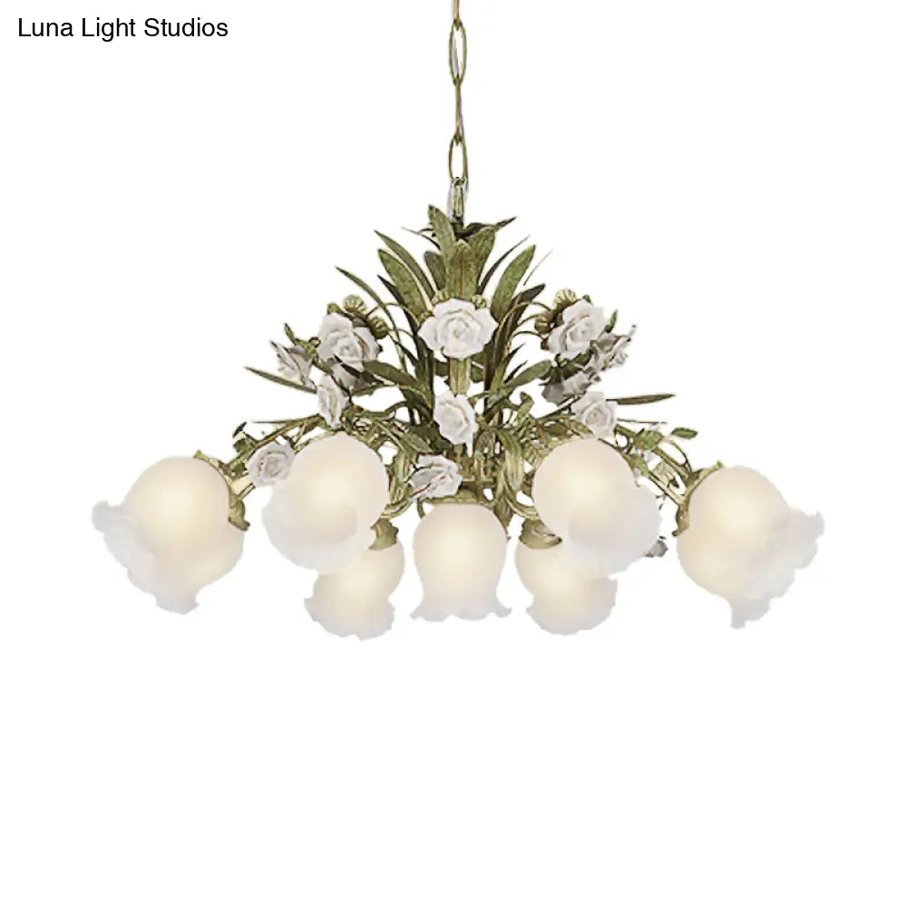 Romantic Cream Glass Green Chandelier With Flower Design - Perfect Lighting Fixture For Living Room