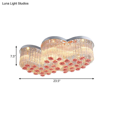 Romantic Crystal Rod Loving Heart Modern 8 - Light Flush Ceiling Light With Pink Ceramic Rose
