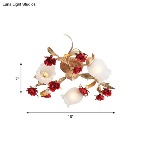 Romantic Pastoral Blossom Bedroom Semi Flush Mount Ceiling Lamp - 3/6 Lights Coffee Metal Design