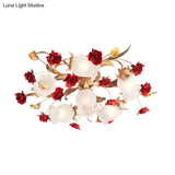 Romantic Pastoral Blossom Bedroom Semi Flush Mount Ceiling Lamp - 3/6 Lights Coffee Metal Design
