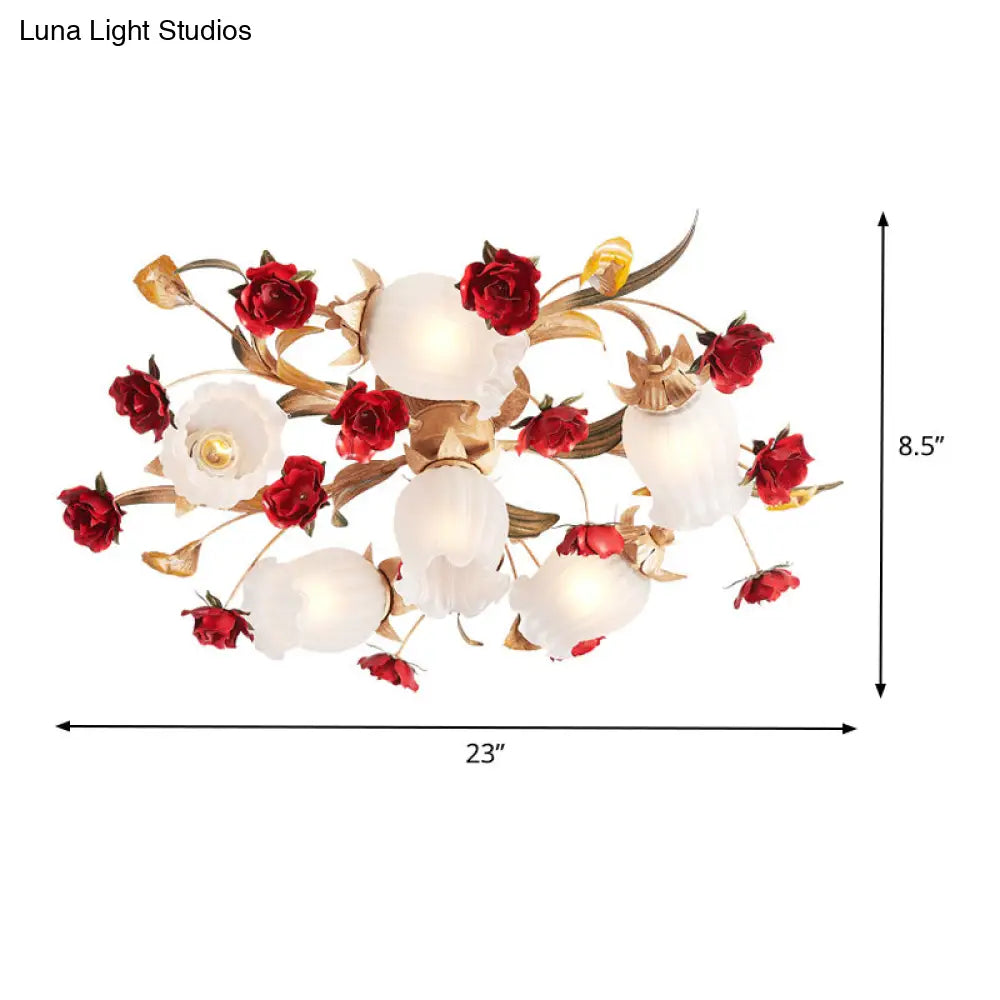 Romantic Pastoral Blossom Bedroom Semi Flush Mount Ceiling Lamp - 3/6 Lights Coffee Metal Design