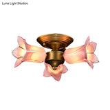 Romantic Pastoral Brass Ceiling Light Fixture With 3 Lily/Tulip Heads And Led Semi Mount For Living