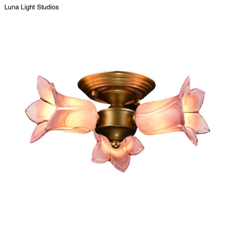 Romantic Pastoral Brass Ceiling Light Fixture With 3 Lily/Tulip Heads And Led Semi Mount For Living