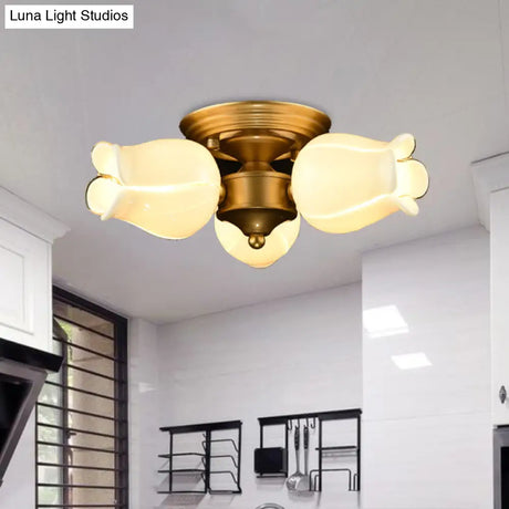 Romantic Pastoral Brass Ceiling Light Fixture With 3 Lily/Tulip Heads And Led Semi Mount For Living