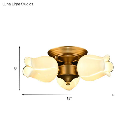 Romantic Pastoral Brass Ceiling Light Fixture With 3 Lily/Tulip Heads And Led Semi Mount For Living
