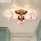 Romantic Pastoral Brass Ceiling Light Fixture With 3 Lily/Tulip Heads And Led Semi Mount For Living