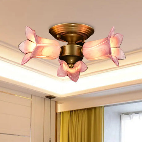 Romantic Pastoral Brass Ceiling Light Fixture With 3 Lily/Tulip Heads And Led Semi Mount For Living