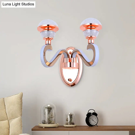 Rose Gold Metallic Led Wall Sconce With 2 Swirl Arm Heads - Modernist Urn Shape For Corridors