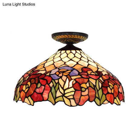 Rose Metal Tiffany Flush Mount Ceiling Light Fixture - Brass Finish 12’/16’ Diameter