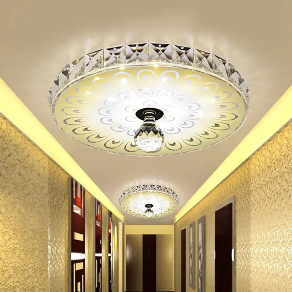 Round Flush Mount Led Crystal Ceiling Light In White With Peacock Tail Pattern - Warm/White