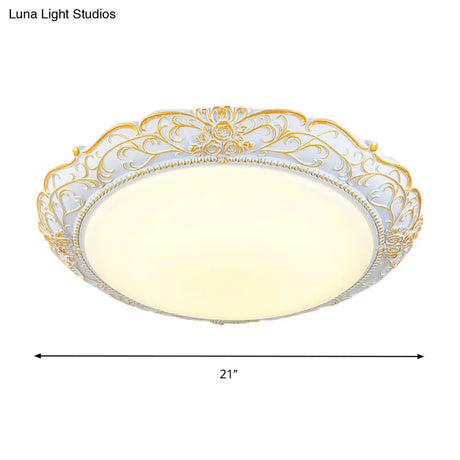 Rounded Cream Glass Led Ceiling Lamp - Traditional Bedroom Lighting In White - Gold