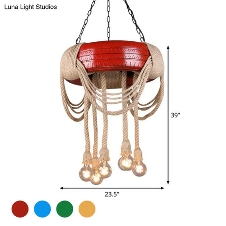 Rubber Warehouse 6-Head Tire Lamp With Hemp Rope - Red/Blue/Yellow Chandelier Pendant For Dining