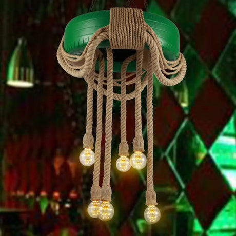 Rubber Warehouse 6-Head Tire Lamp With Hemp Rope - Red/Blue/Yellow Chandelier Pendant For Dining