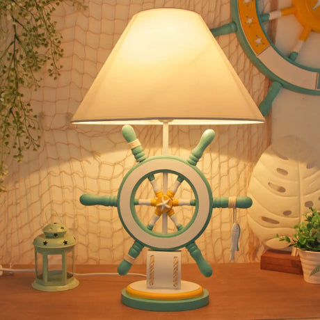 Rudder Wood Table Lamp - Cartoon 1 Head Pink/Green Nightstand For Bedroom With Fabric Cone Shade