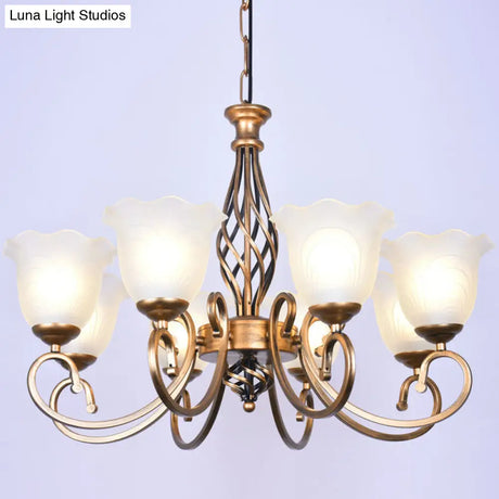 Ruffle Glass Floral Shade Chandelier For Classic Living Room Décor - Pendant Light With Scroll Arm