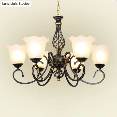 Ruffle Glass Floral Shade Chandelier For Classic Living Room Décor - Pendant Light With Scroll Arm