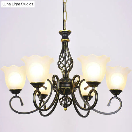 Ruffle Glass Floral Shade Chandelier For Classic Living Room Décor - Pendant Light With Scroll Arm