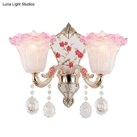 Ruffle Glass Sconce Lamp With Crystal Accents - Modern Pink-White Wall Light Fixture (2 Pack)