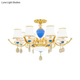 Rural Bell Semi Flush Mount Chandelier - Opal Glass 3/6/8 Head Ceiling Lamp With Crystal Drops