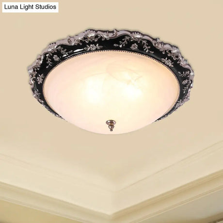 Rural Black Domed Flush Mount Lamp With Frosted Glass Ceiling And Leave/Flower Deco 3 - Light