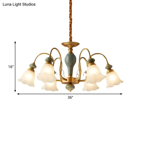 Rural Frosted Glass Green Flower Pendant Light With 3/5/6 Bulbs - Chandelier For Guest Rooms