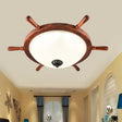 Rural Style Wood Frame 2 - Light Flush Mount With Opal Glass Bowl Shade Brown
