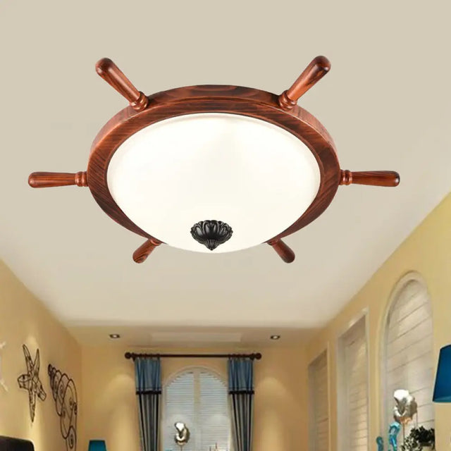 Rural Style Wood Frame 2 - Light Flush Mount With Opal Glass Bowl Shade Brown