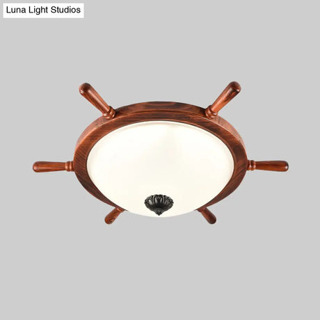 Rural Style Wood Frame 2 - Light Flush Mount With Opal Glass Bowl Shade