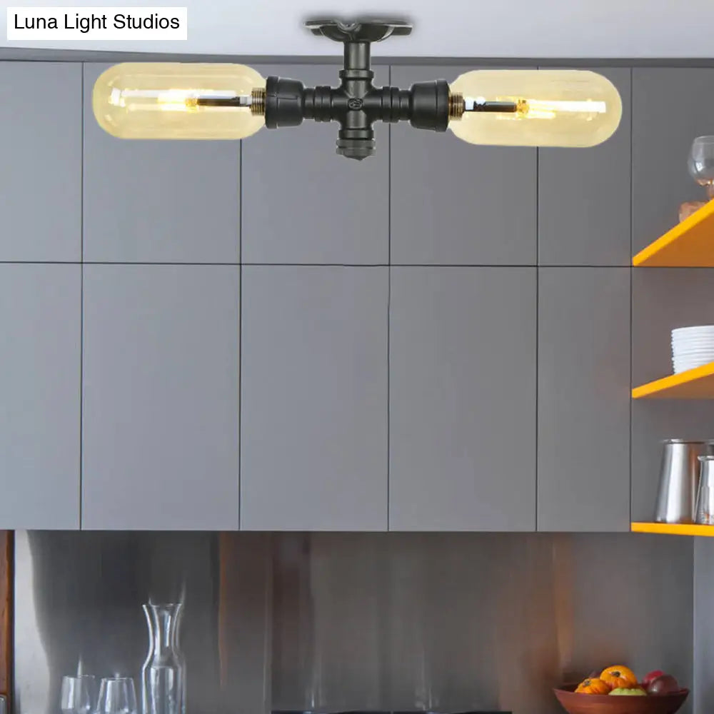 Rustic 2 - Bulb Amber Glass Semi Mount Ceiling Light In Matte Black - Dining Room Lighting With