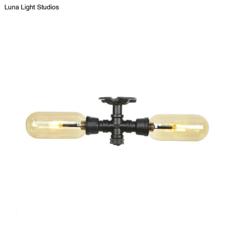Rustic 2 - Bulb Amber Glass Semi Mount Ceiling Light In Matte Black - Dining Room Lighting With