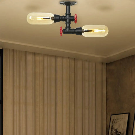 Rustic 2 - Bulb Amber Glass Semi Mount Ceiling Light In Matte Black - Dining Room Lighting With