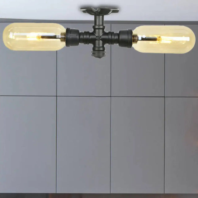 Rustic 2 - Bulb Amber Glass Semi Mount Ceiling Light In Matte Black - Dining Room Lighting With