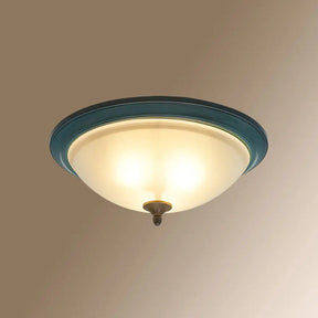 Rustic 3 - Light Bedroom Ceiling Lamp: Frosted White Glass Bowl Flush With Blue Accents / 14.5’