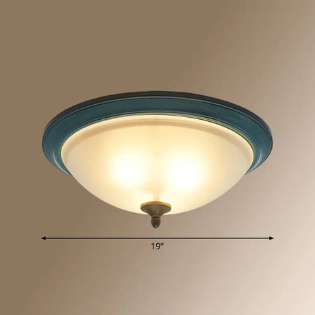 Rustic 3-Light Bedroom Ceiling Lamp: Frosted White Glass Bowl Flush With Blue Accents