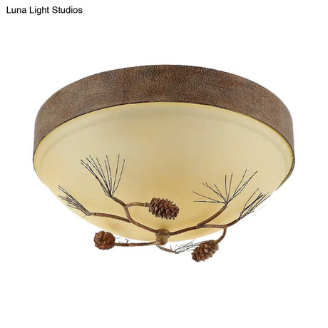 Rustic 3 - Light Ceiling Mount With Frosted Glass Bowl For Corridor - Pinecone Accent Included