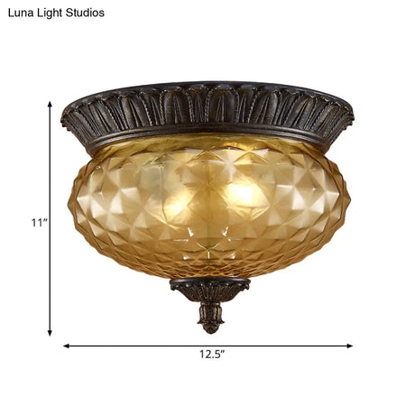 Rustic Amber Beveled Glass Oval Kitchen Flush Mount Lamp - 2-Bulb Black Ceiling Lighting Fixture