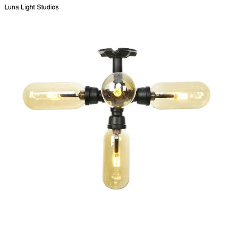 Rustic Amber Glass Ceiling Light With Semi - Flush Design - 4/5/6 Bulbs Matte Black Finish And Pipe